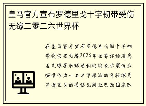 皇马官方宣布罗德里戈十字韧带受伤无缘二零二六世界杯