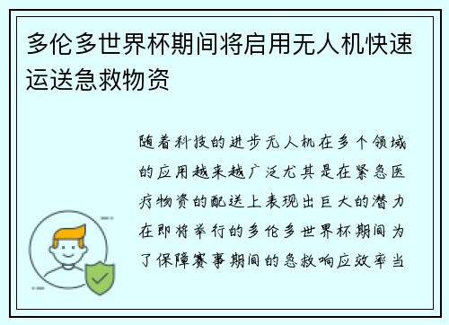 多伦多世界杯期间将启用无人机快速运送急救物资